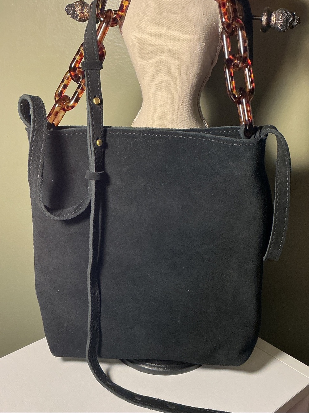 Madewell Slim Brooklyn Crossbody Bag Black Suede Chain Handle Tortoiseshell
